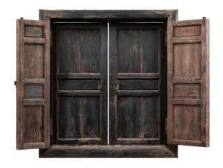 Weathered wooden double doors with shutters, dark and rustic charm