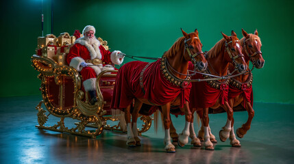 A santa claus sitting in a sleigh pulled by three horses