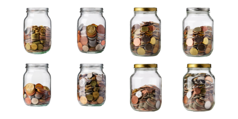 Glass Jars Filled with Coins on Transparent Background