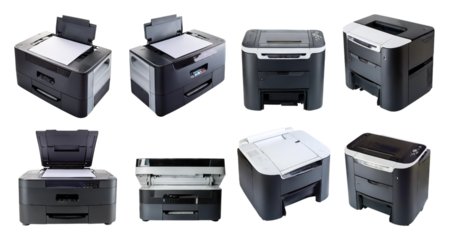 Diverse Collection of Modern Multifunction Printers on White Background, isolated on transparent background