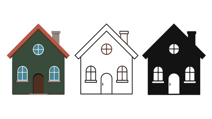 Naklejka premium Collection of house icons green outline and black silhouette for real estate or home design isolated on white