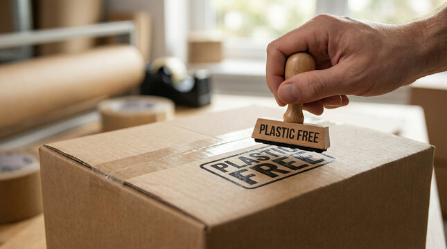hand stamping plastic free label on cardboard box in warehouse promoting sustainability - Powered by Adobe