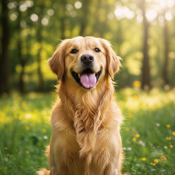 Retrato de perro Golden Retriever adorable y feliz sentado en un parque verde con luz solar.