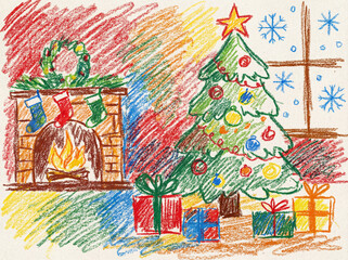 Child's Crayon Drawing of Christmas - a colorful, textured crayon sketch depicts a decorated Christmas tree next to a fireplace with stockings. 