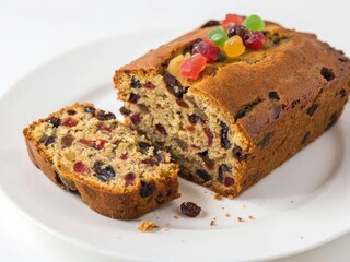 Fruit cake on a white plate. Design for cookbooks, culinary magazines, lifestyle magazine illustrations, blogs, social media posts.