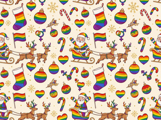 LGBTQ+ Pride Christmas Pattern - a seamless festive pattern features rainbow-colored ornaments, flags, and Santa with pride details. 