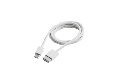 White USB-C cable curled on black. Minimalist, clean, modern