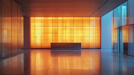 An elegant modern interior featuring a sleek reception area illuminated by warm golden hues. The minimalist design complements the spacious layout, creating a welcoming atmosphere.