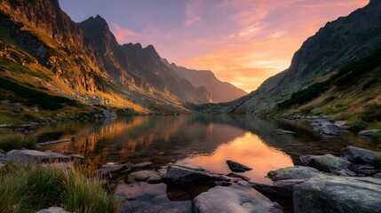 Towering mountain peaks reflect in a calm alpine lake during a vibrant sunset