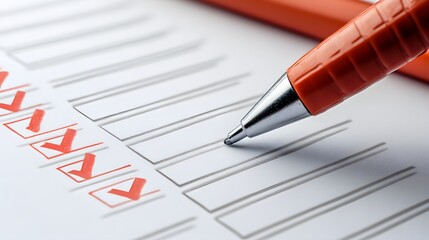 Close-up view of a checklist with a pen ready for marking items. Perfect for productivity, organization, and planning.