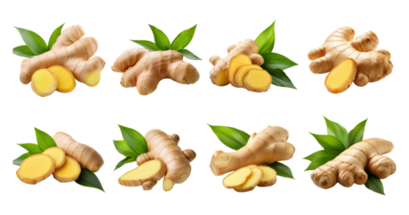 Fresh Ginger Roots with Leaves on a Transparent Background, Bundle Set Collection, Isolated on Transparent Background