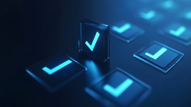 Futuristic design of glowing checkboxes for digital solutions and user interface, symbolizing progress and completion.