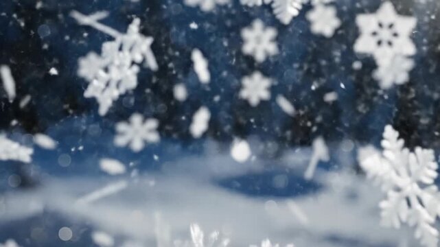 Close-up of snowflakes falling on a dark winter background capturing intricate crystalline