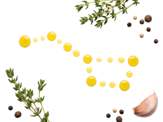 Artistic Arrangement of Olive Oil Drops, Garlic, and Fresh Herbs on a Transparent Background