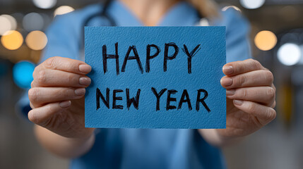 A nurse holding a blue paper and HAPPY NEW YEAR written on it. Celebrate the new year with nurses. Happy New Year for health care, wellness, and creative medical concepts. Generative AI