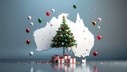 A Christmas tree with gifts and colorful ornaments floating above it, set against a grey background with a map of Australia, conveying a merry Christmas mood with festive and celebratory