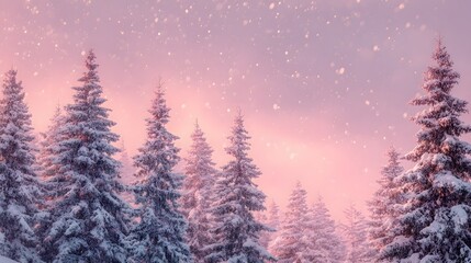 Coniferous trees heavily covered in fresh snow stand against a soft pink and purple twilight sky while snowflakes gently fall.