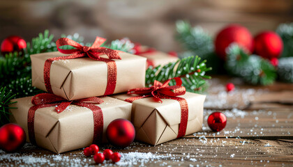 Stack of wrapped gifts with red ribbons and bows on a rustic wooden table with Christmas decorations, conveying a merry Christmas mood with warm, festive tones.