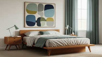 Mid-century modern bedroom with wooden bed and abstract art