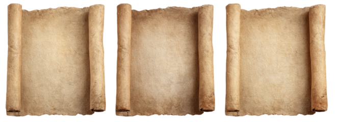 Three aged scrolls, beige and brown, with curled edges