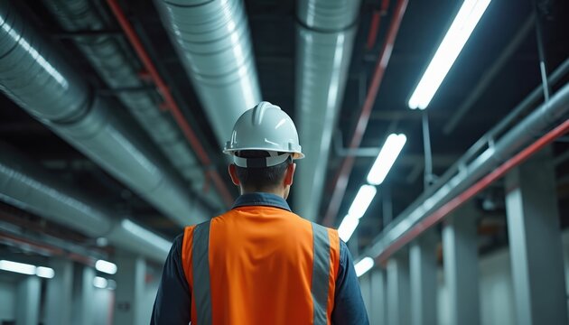 Man wearing hard hat and safety vest inspects HVAC system in industrial building. Worker monitors ductwork and pipes in commercial facility. Engineer oversees infrastructure in large office building.