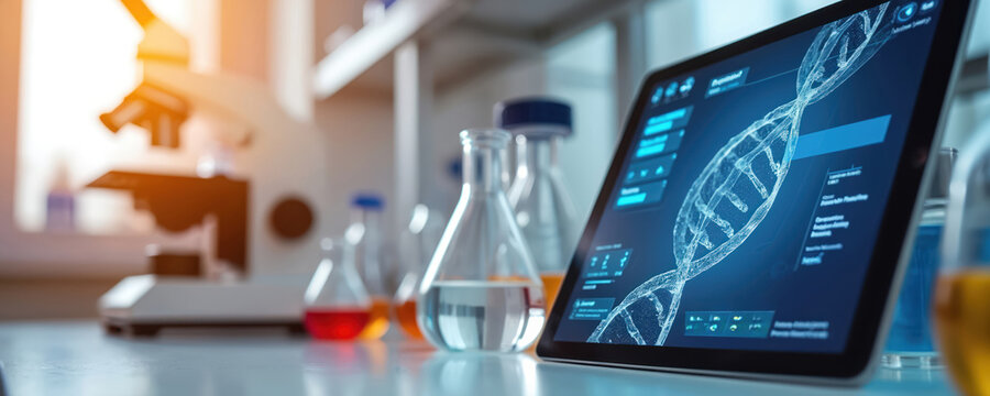 Digital tablet on lab desk displays DNA structure. Research concept with glassware and microscope in scientific lab. Modern tech of gene editing development in bio tech.