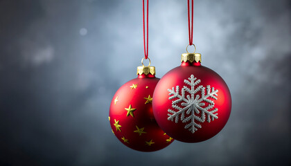 Merry Christmas ornaments hanging from a red string against a dark, blurry background with a festive mood.