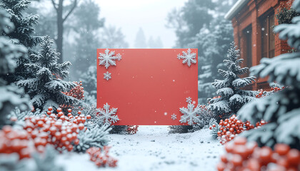 A large red sign with snowflakes stands amidst snowy evergreen trees, holly, and a house in a serene winter wonderland scene, conveying a merry Christmas atmosphere with a shallow depth of