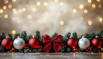Merry Christmas decorative border with red and white ornaments, pine branches, and a red bow on a wooden surface against a warm, blurry background with golden lights.