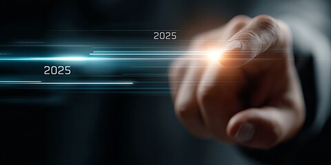 Futuristic hand reaching towards glowing digital interface with dynamic lines and numbers representing the year 2025, symbolizing technology and innovation in a modern context