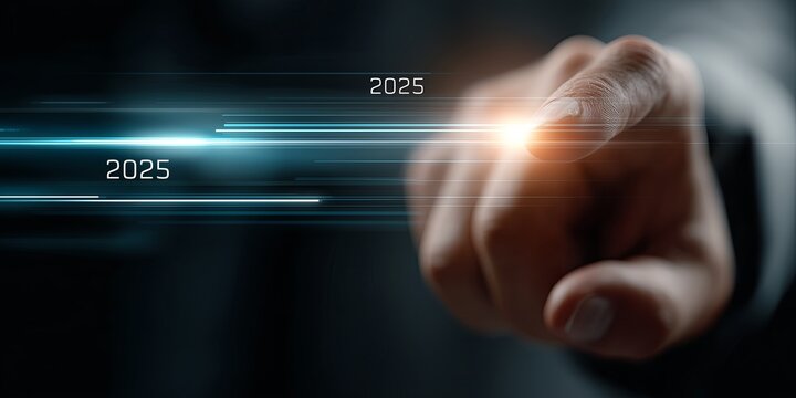 Futuristic hand reaching towards glowing digital interface with dynamic lines and numbers representing the year 2025, symbolizing technology and innovation in a modern context - Powered by Adobe