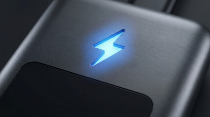 close-up of glowing blue lightning symbol on a modern device charging station