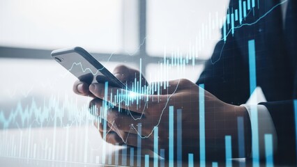 Innovative finance and investment solutions integrating data analytics and AI technology to boost business growth, refine strategy, Businessman analyzing financial data on smartphone dashboard