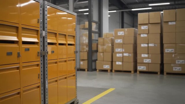 Automated parcel lockers in a modern logistics warehouse.