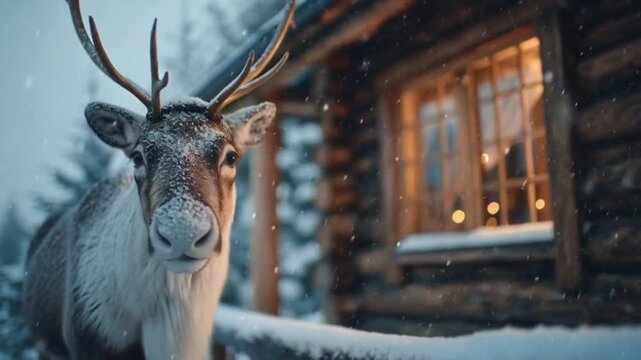 Reindeer portrait in falling snow near rustic log cabin window with warm interior light arctic winter scene christmas animal wilderness festive magical northern forest wildlife outdoors cold season ho