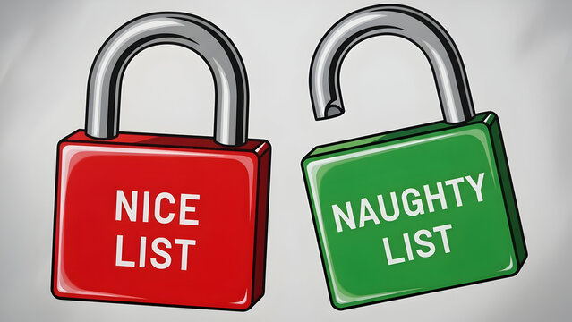 Red and green padlocks labeled Nice List and Naughty List on a gray background