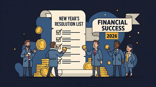 Illustrated business team reviewing a New Year's resolution checklist for financial success in 2026