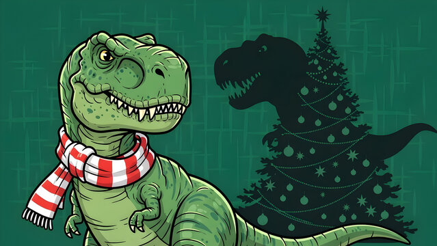 Cute green tyrannosaurus dinosaur wearing a red and white scarf beside a decorated Christmas tree illustration