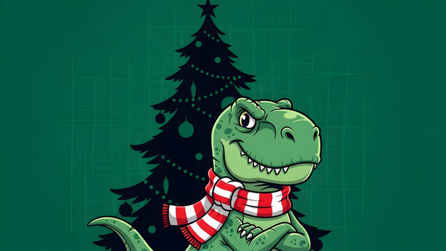 Cute cartoon dinosaur in a red striped scarf beside a decorated Christmas tree on a green background