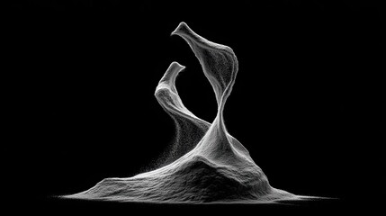 Abstract digital sculpture forms from fine particles against a dark background
