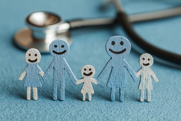Family of colorful paper cutouts holding hands, smiling together on a blue background with a stethoscope, symbolizing health, unity, and care in a playful illustration