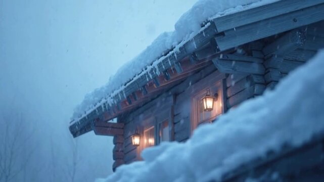 Cozy log cabin exterior under heavy snowfall with warm glowing lanterns illuminating the thick snowcovered roof and rustic wooden walls during winter twilight