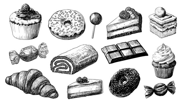 Dessert engraving set. Sweets cupcake candy chocolate donut cheesecake roll croissant drawing, food baked goods vector illustration