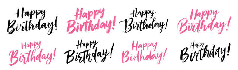 Fototapeta premium Happy Birthday text. Handwritten black pink font congratulations birthday, calligraphy manuscript card design letter ink brush drawing vector illustration