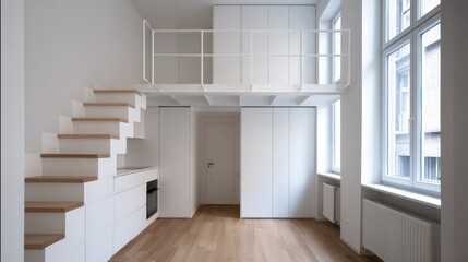 Obraz premium Modern minimalist interior features a loft with stairs and white cabinetry.