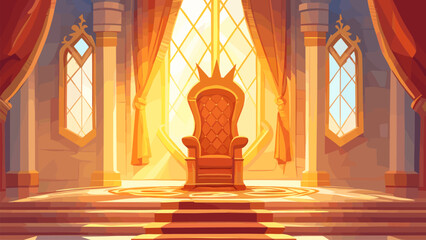 Naklejka premium Throne background cartoon. Medieval hall, interior chair castle antique fairytale fantasy windows sunny daylight king queen power vector illustration