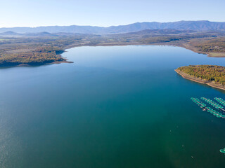 Fototapeta premium Aerial Autumn view of Ogosta Reservoir, Bulgaria