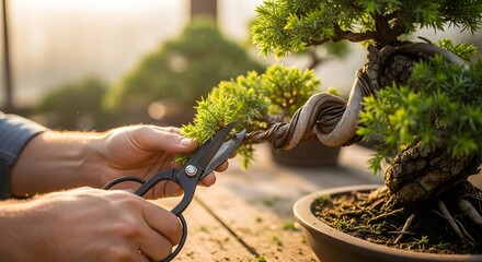 Skilled hands trimming a delicate bonsai plant, showcasing precision and care in traditional Japanese gardening concept during golden hour