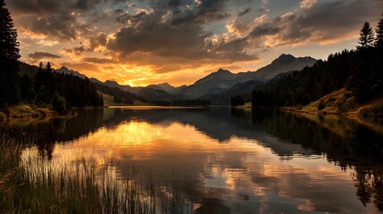 Majestic mountain range reflects in still water under dramatic sunset sky