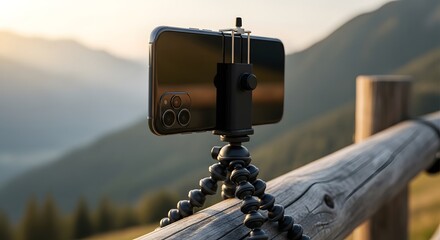 A smartphone on a flexible tripod capturing a serene mountain landscape at sunset, symbolizing a modern travel and content creation concept